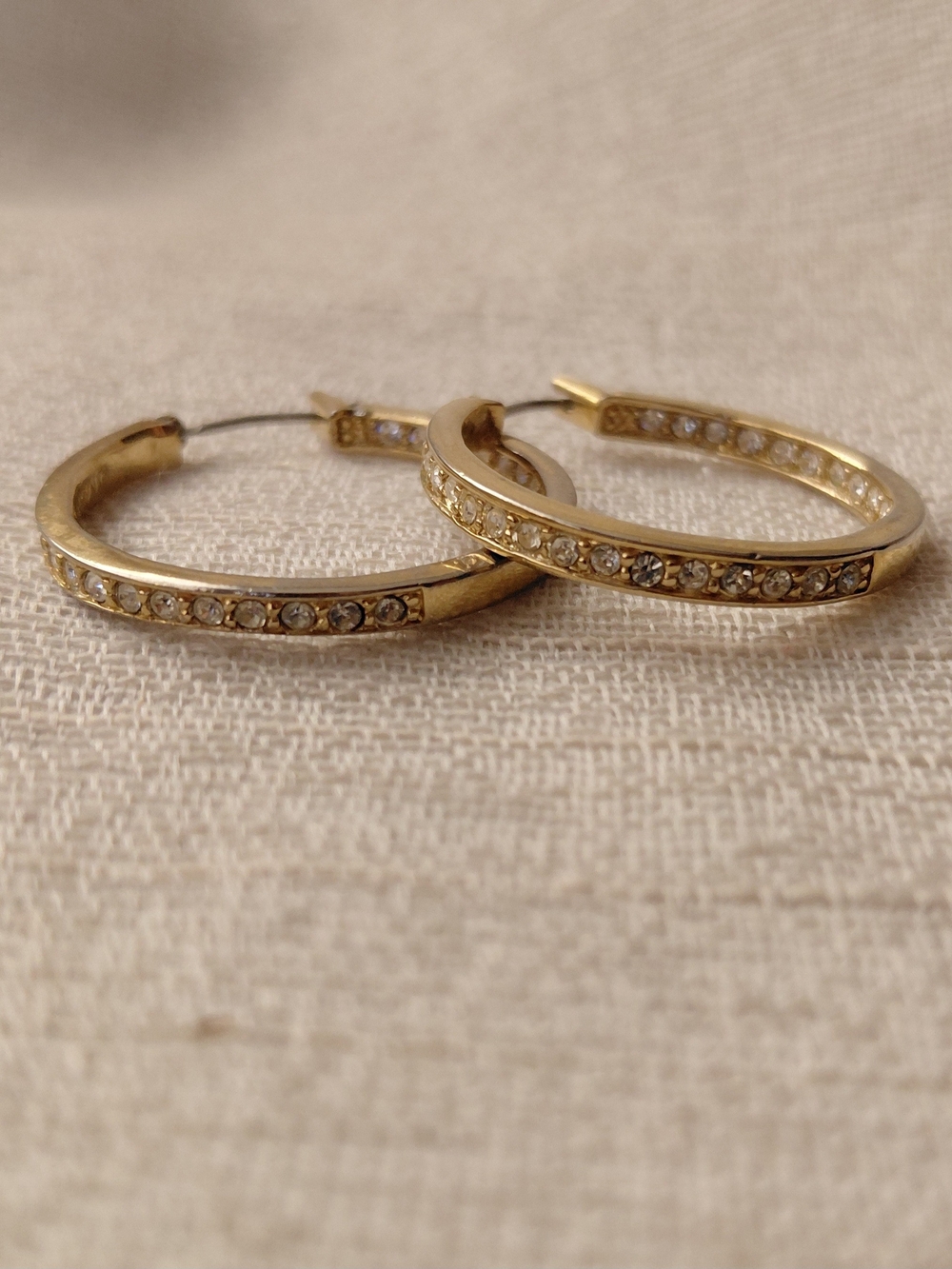 Monet Vintage Gold Rhinestone Channel Hoop Earrings Authentic Signed Retro 1"